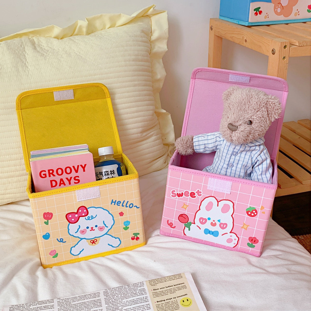 Cute Tea, Tea Bear Desktop Debris Flip Storage Basket Office Dormitory Dust-Proof Storage Box Large-Capacity Storage Box