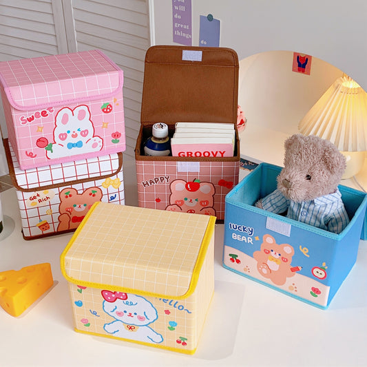 Cute Tea, Tea Bear Desktop Debris Flip Storage Basket Office Dormitory Dust-Proof Storage Box Large-Capacity Storage Box
