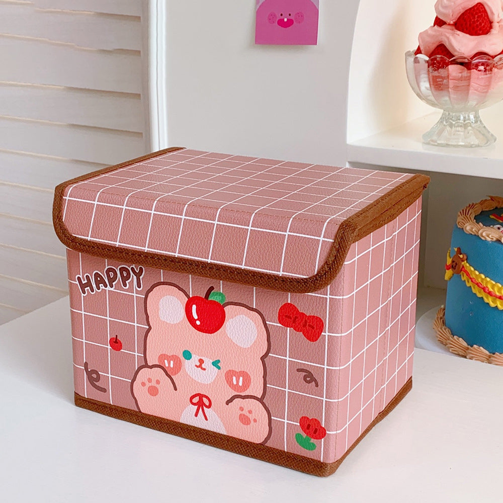 Cute Tea, Tea Bear Desktop Debris Flip Storage Basket Office Dormitory Dust-Proof Storage Box Large-Capacity Storage Box