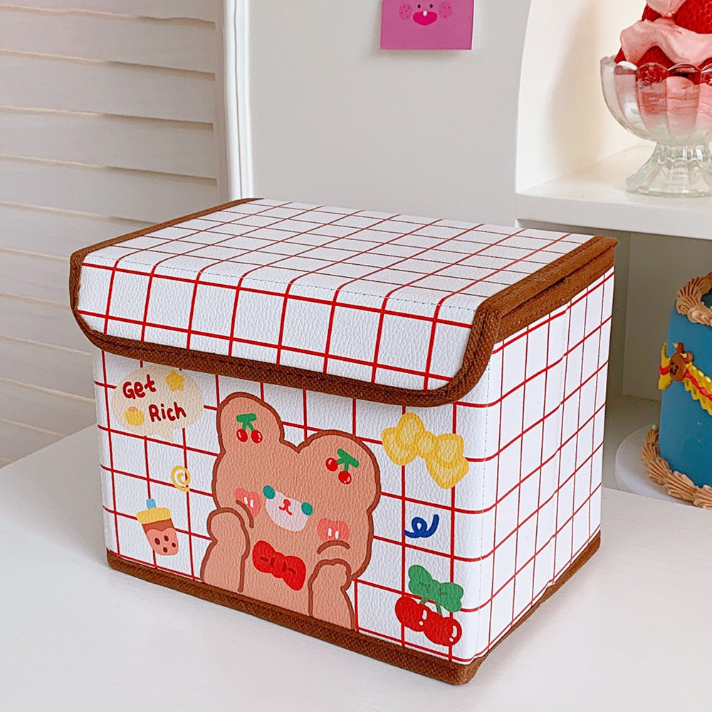 Cute Tea, Tea Bear Desktop Debris Flip Storage Basket Office Dormitory Dust-Proof Storage Box Large-Capacity Storage Box