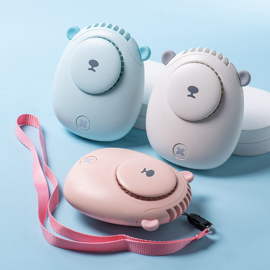 The New Bear Shape Without Leaf Hanging Waist Hanging Neck Fan Mini Outdoor Silent USB Charging Can Stand On The Desktop