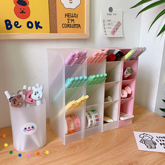 Korea Ins Girl Heart Desktop Storage Tube Simple Cartoon Four-Grid Oblique Pen Holder Makeup Brush Lipstick Storage Box
